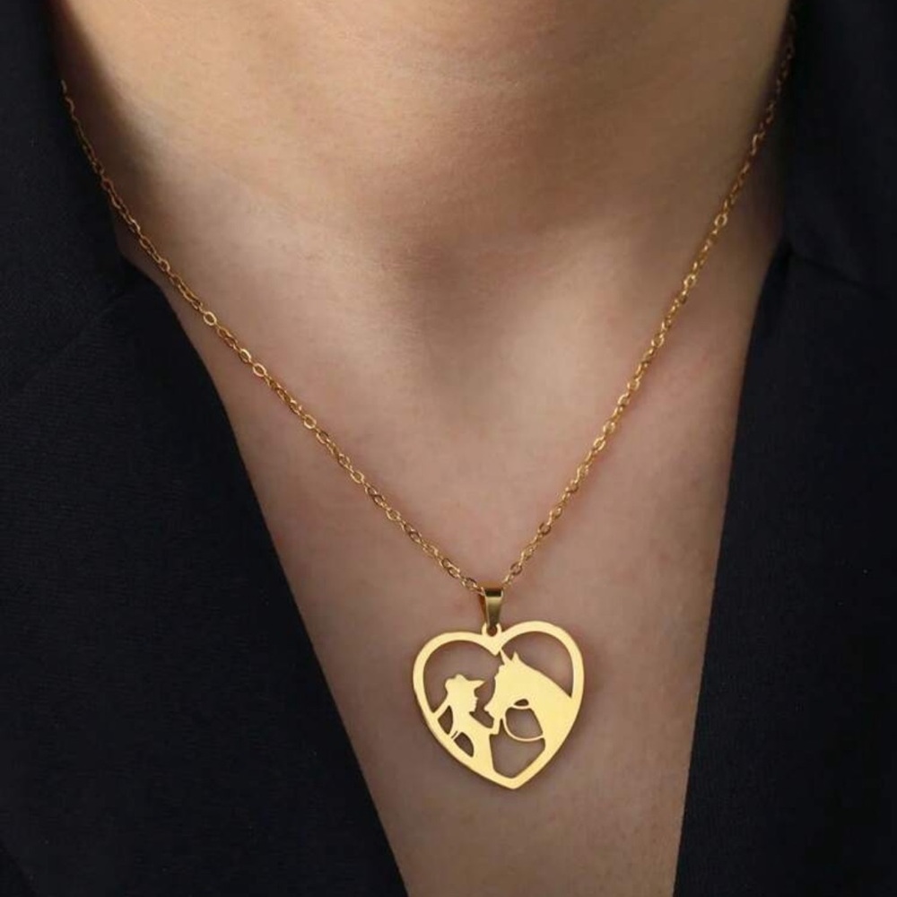 Gold Heart Horse Necklace, Heart Necklace, Girl and Horse Necklace, Horse Lover - Picture 3 of 5